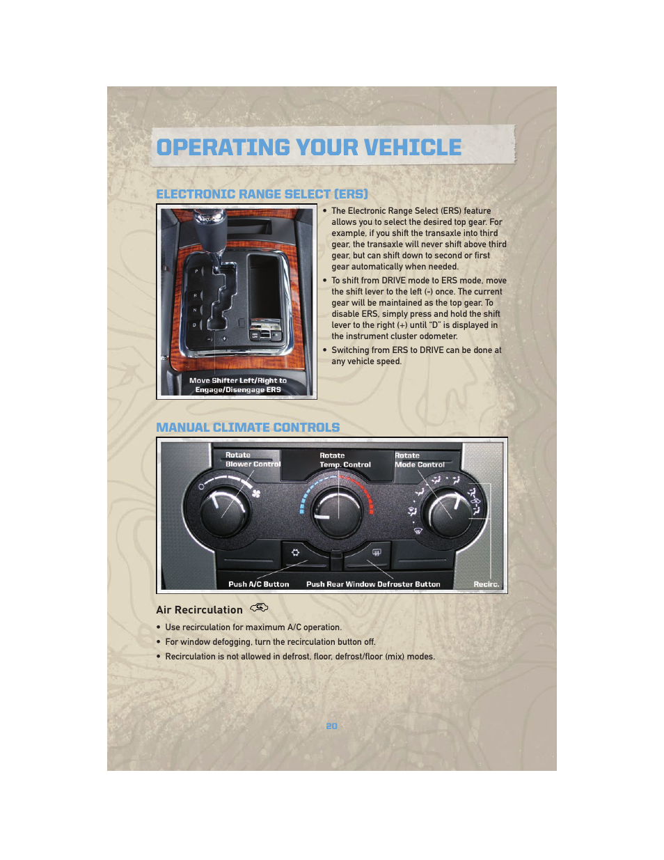 Electronic range select (ers), Manual climate controls, Air recirculation | Operating your vehicle | Jeep COMMANDER 2010 User Manual | Page 22 / 78