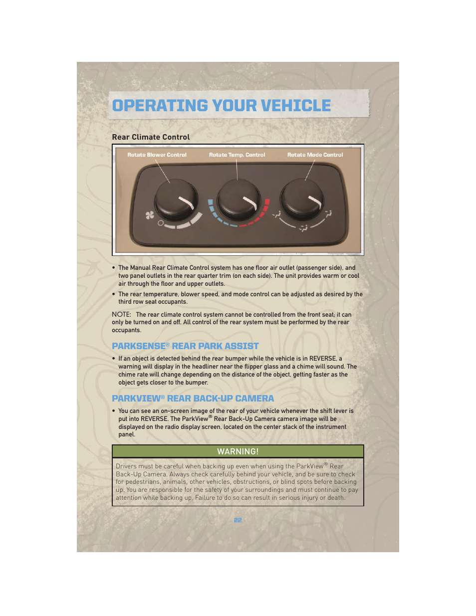 Rear climate control, Parksense® rear park assist, Parkview® rear back-up camera | Operating your vehicle | Jeep COMMANDER 2010 User Manual | Page 24 / 78