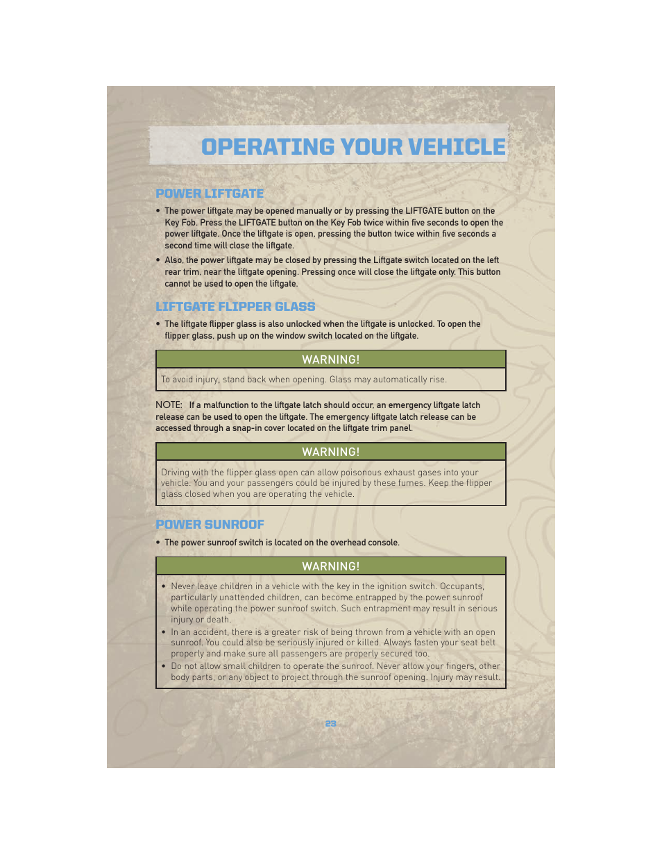Power liftgate, Liftgate flipper glass, Power sunroof | Operating your vehicle | Jeep COMMANDER 2010 User Manual | Page 25 / 78