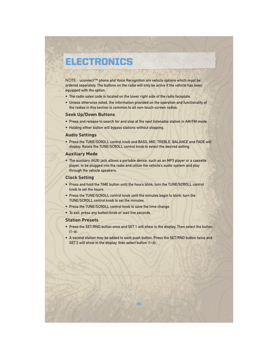 Seek up/down buttons, Audio settings, Auxiliary mode | Clock setting, Station presets, Electronics | Jeep COMMANDER 2010 User Manual | Page 28 / 78