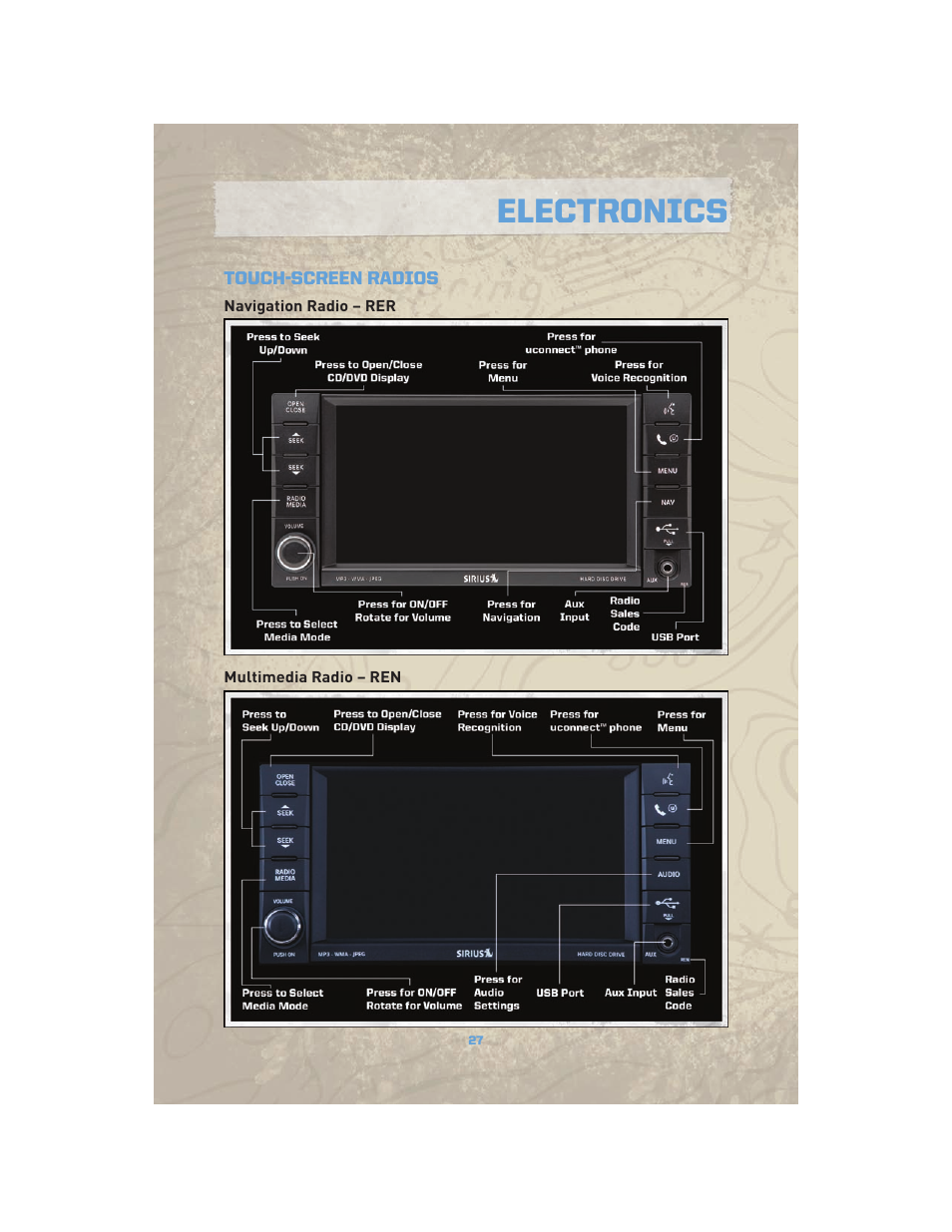 Touch-screen radios, Navigation radio – rer, Multimedia radio – ren | Electronics | Jeep COMMANDER 2010 User Manual | Page 29 / 78