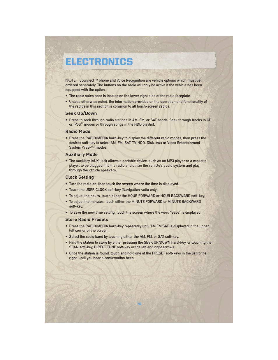 Seek up/down, Radio mode, Auxiliary mode | Clock setting, Store radio presets, Electronics | Jeep COMMANDER 2010 User Manual | Page 30 / 78