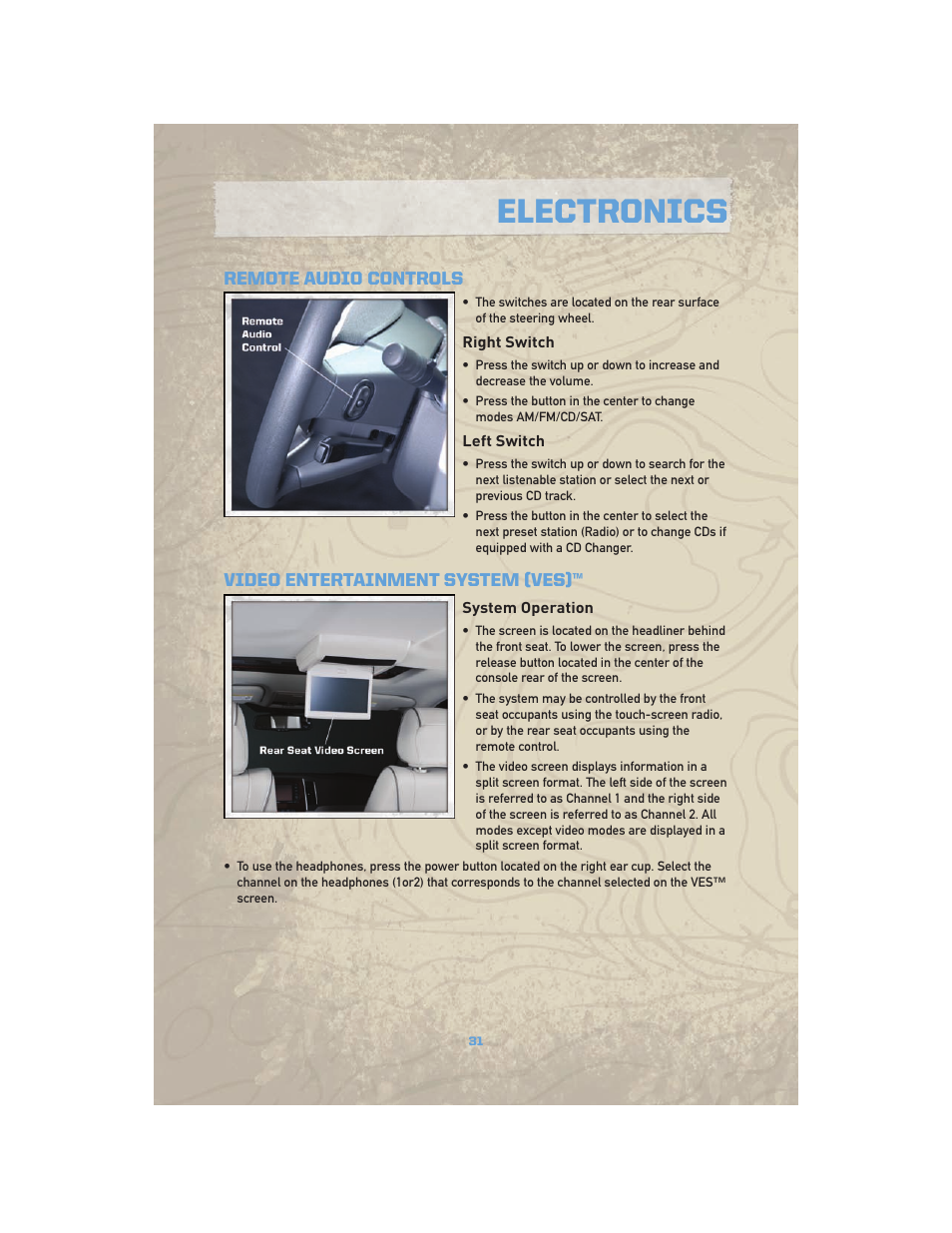 Remote audio controls, Right switch, Left switch | Video entertainment system (ves), System operation, Electronics | Jeep COMMANDER 2010 User Manual | Page 33 / 78