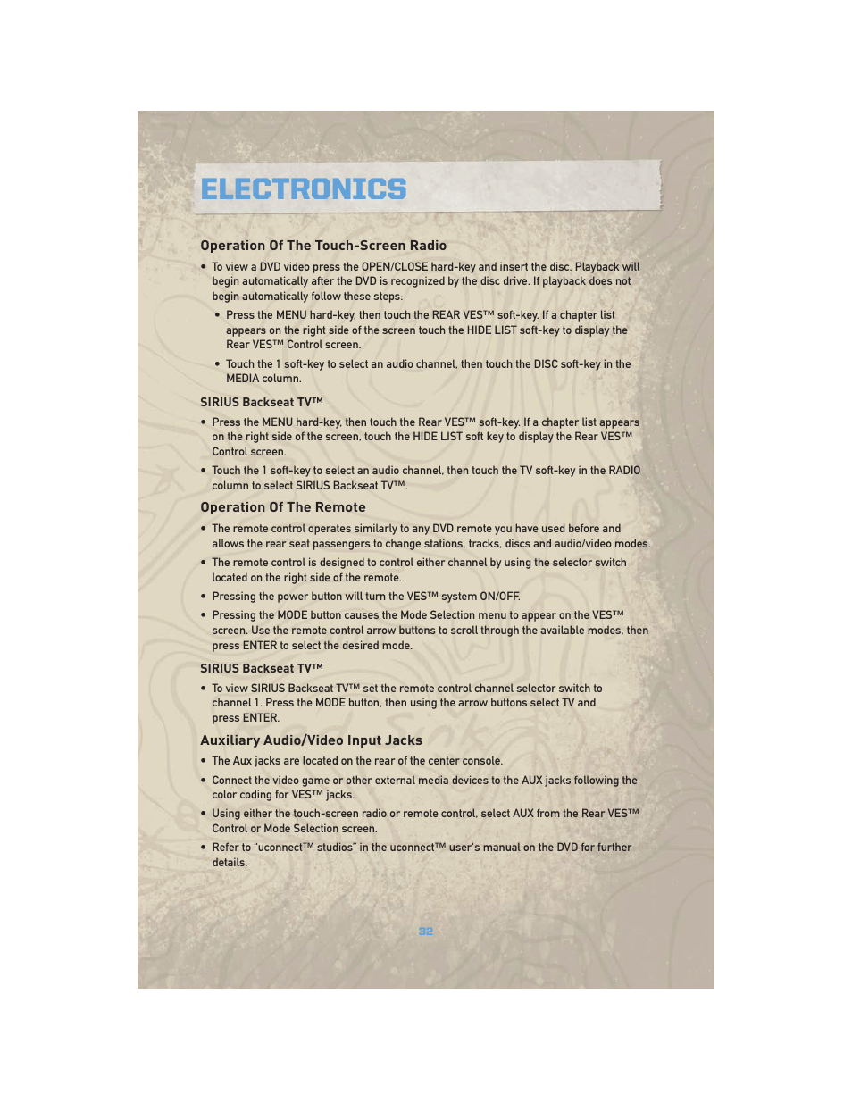 Operation of the touch-screen radio, Operation of the remote, Auxiliary audio/video input jacks | Electronics | Jeep COMMANDER 2010 User Manual | Page 34 / 78