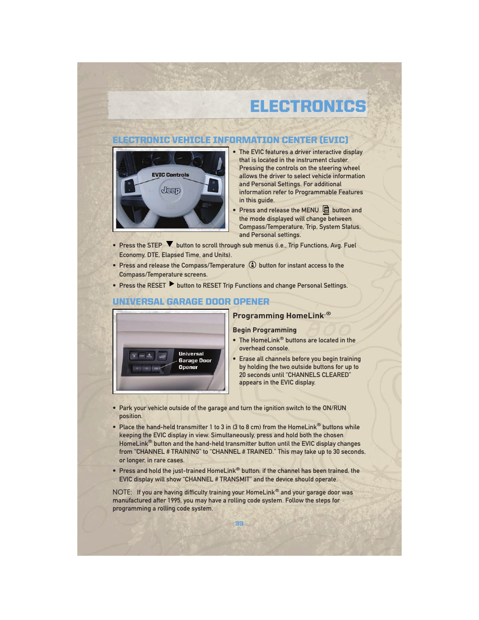 Electronic vehicle information center (evic), Universal garage door opener, Programming homelink | Electronics | Jeep COMMANDER 2010 User Manual | Page 35 / 78