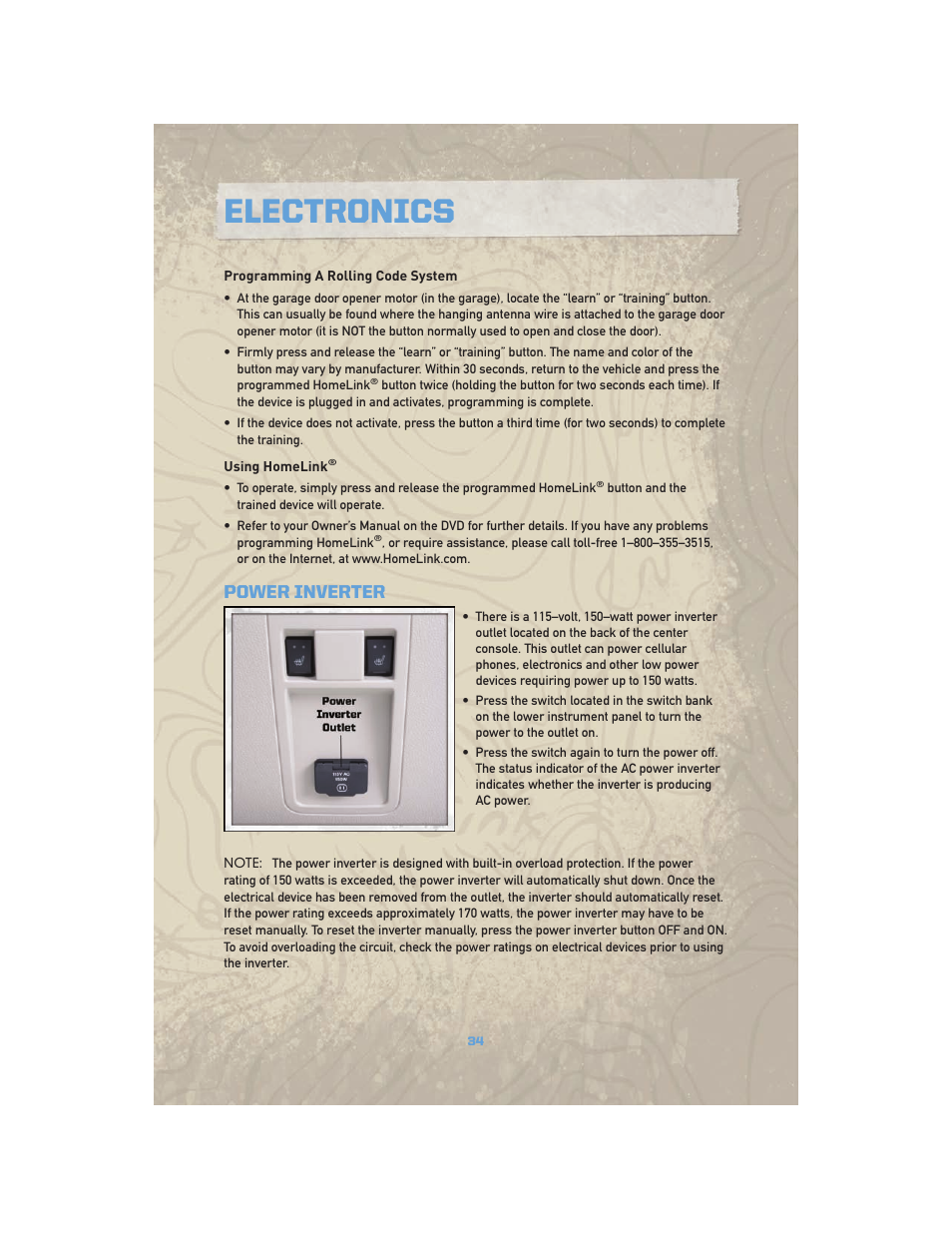 Power inverter, Electronics | Jeep COMMANDER 2010 User Manual | Page 36 / 78