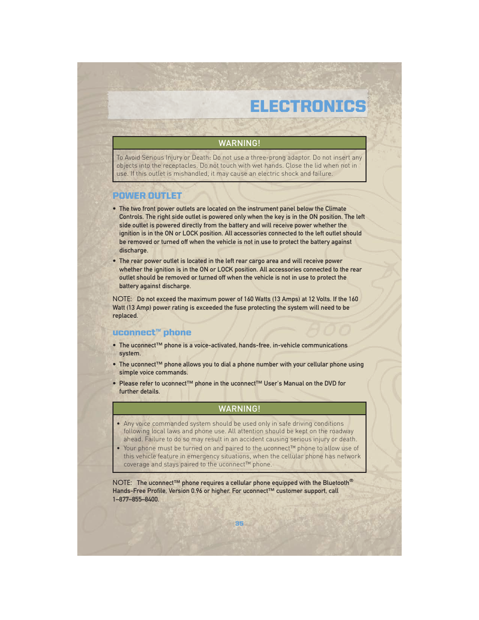 Power outlet, Uconnect™ phone, Electronics | Jeep COMMANDER 2010 User Manual | Page 37 / 78