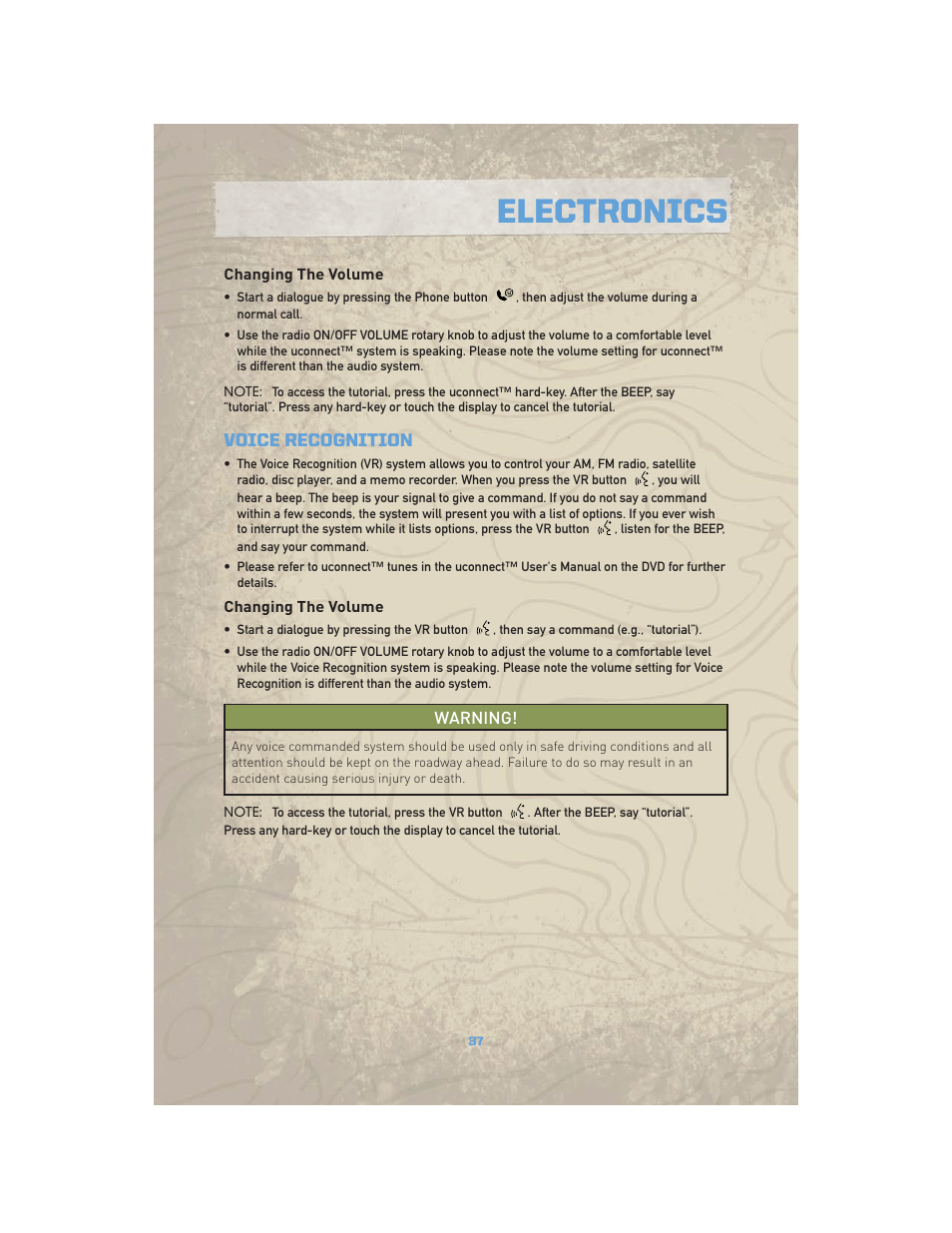 Changing the volume, Voice recognition, Electronics | Jeep COMMANDER 2010 User Manual | Page 39 / 78