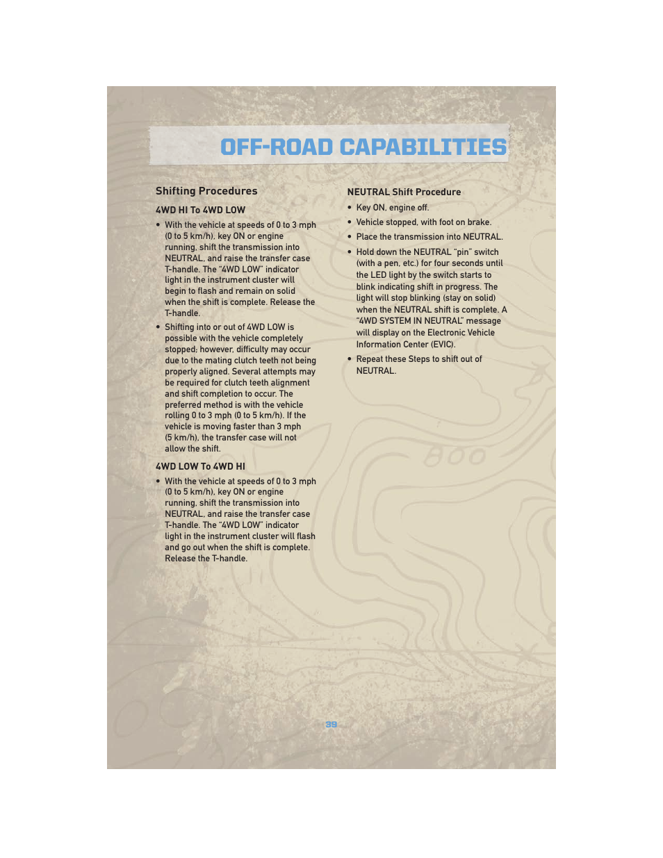 Shifting procedures, Off-road capabilities | Jeep COMMANDER 2010 User Manual | Page 41 / 78