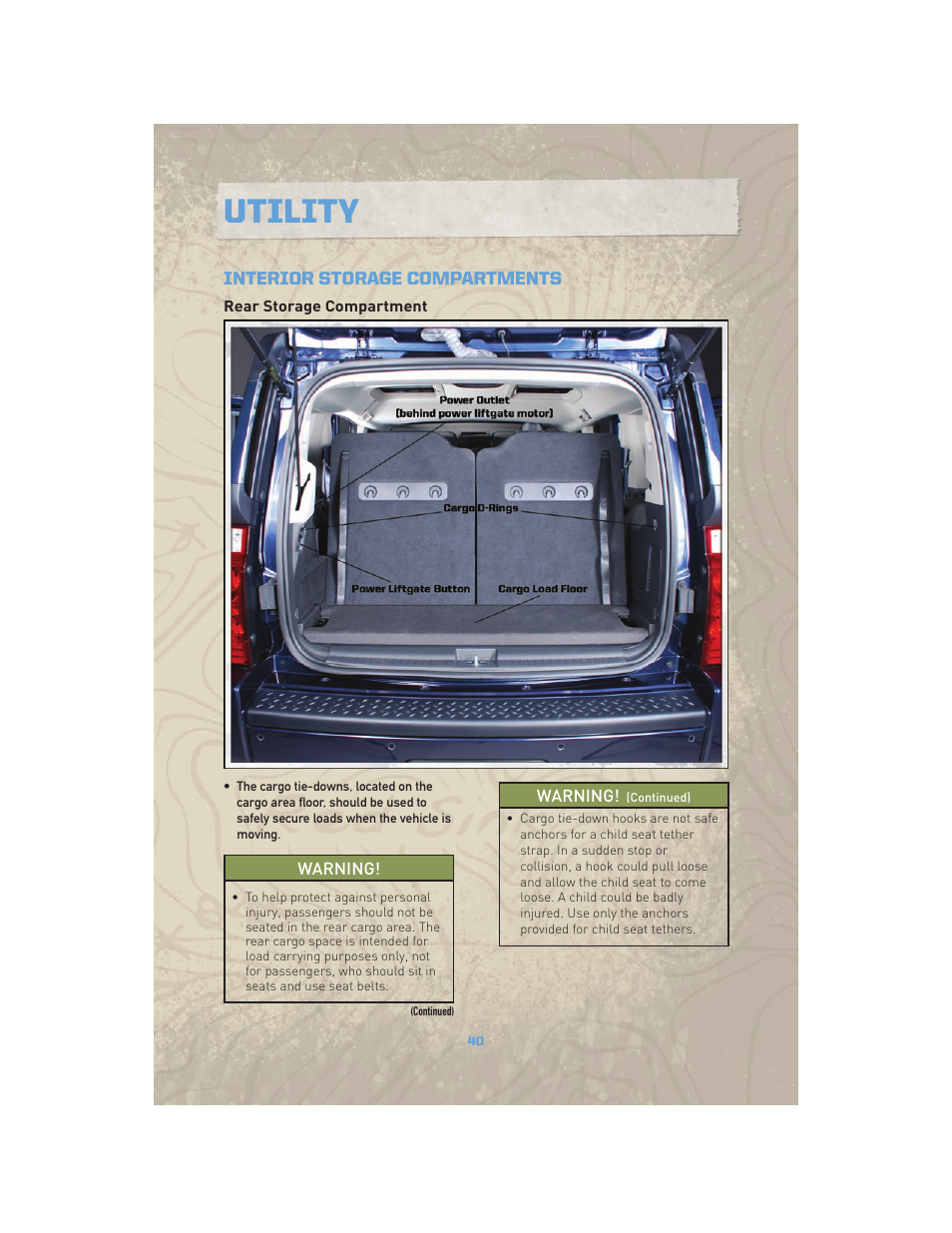 Utility, Interior storage compartments, Rear storage compartment | Jeep COMMANDER 2010 User Manual | Page 42 / 78
