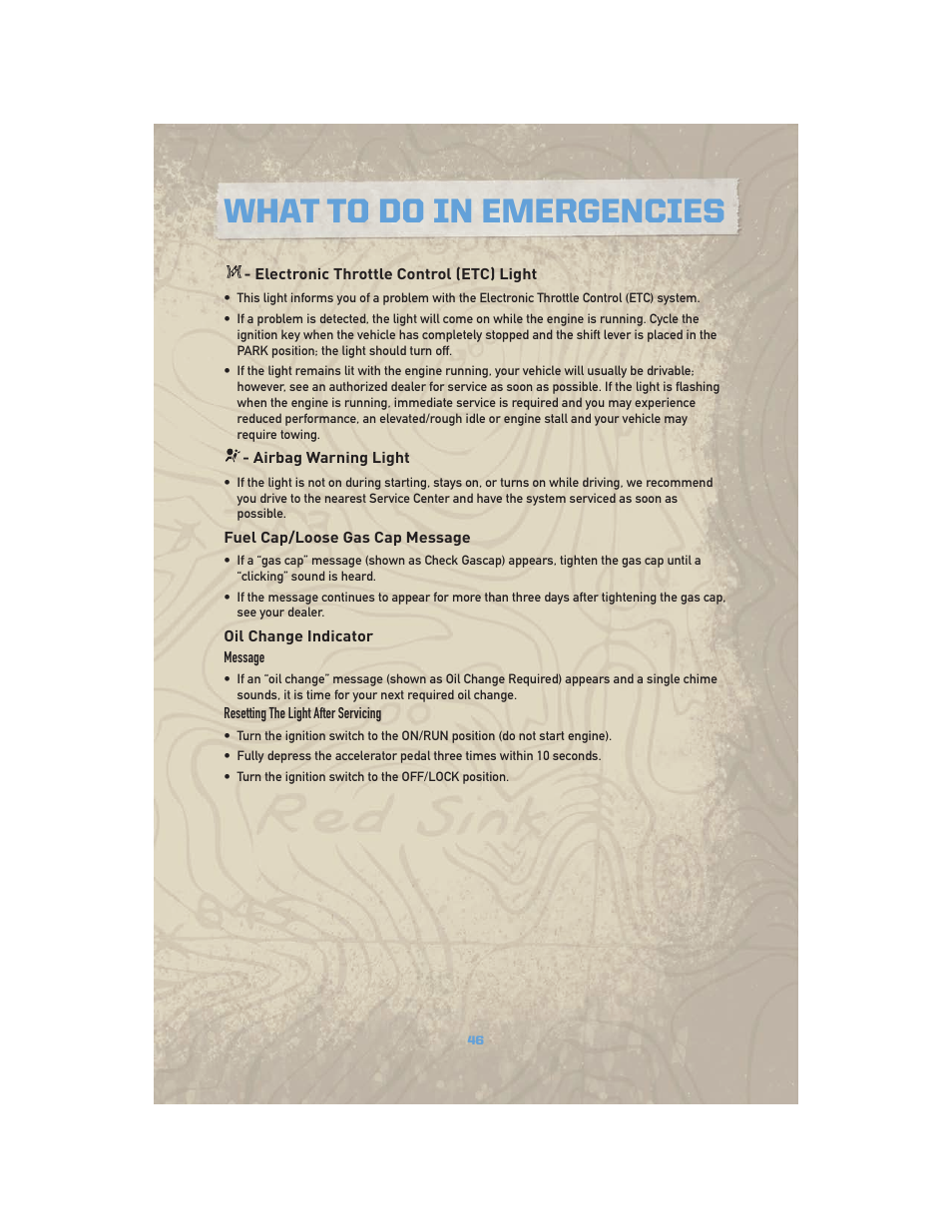 Electronic throttle control (etc) light, Airbag warning light, Fuel cap/loose gas cap message | Oil change indicator, What to do in emergencies | Jeep COMMANDER 2010 User Manual | Page 48 / 78