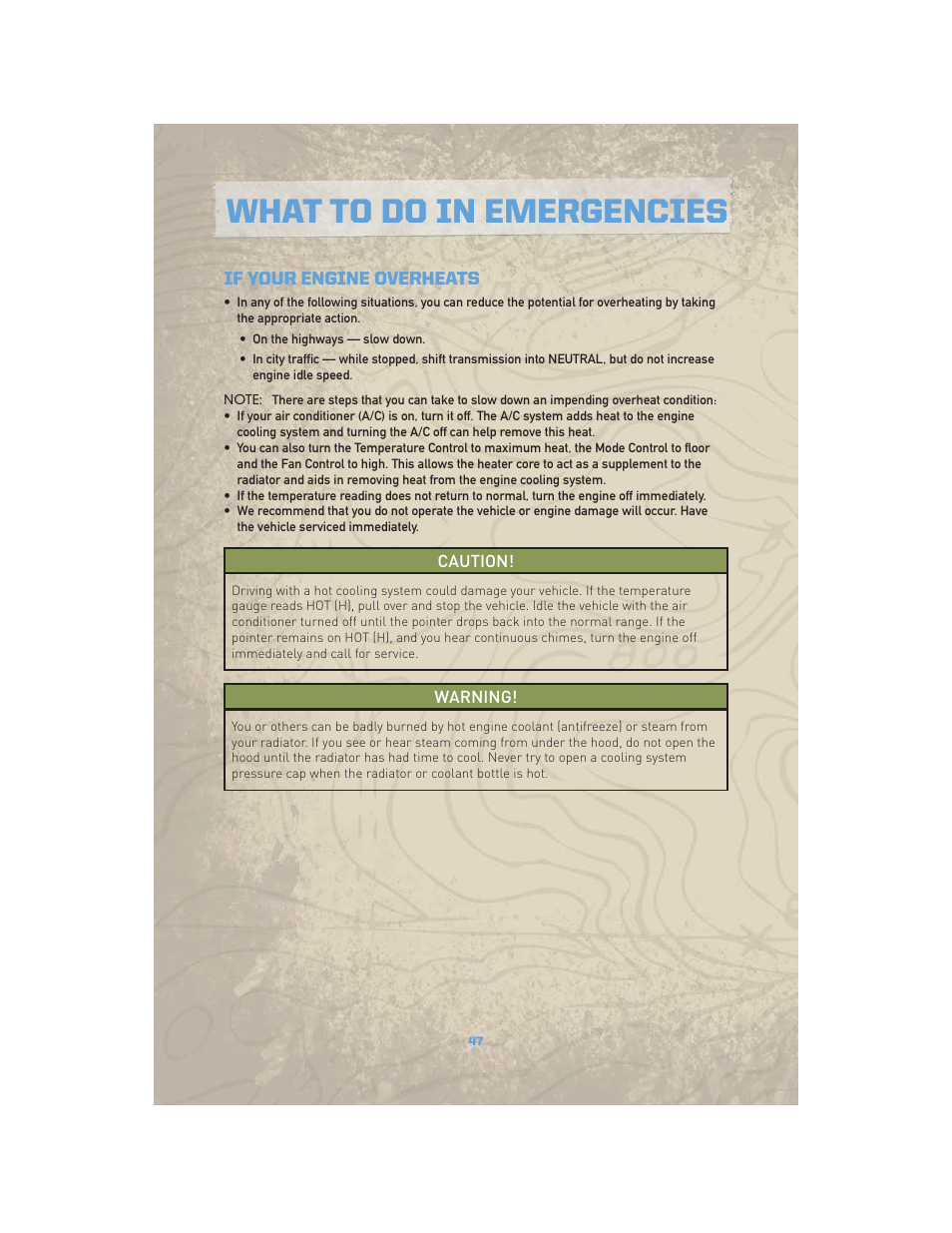 If your engine overheats, What to do in emergencies | Jeep COMMANDER 2010 User Manual | Page 49 / 78