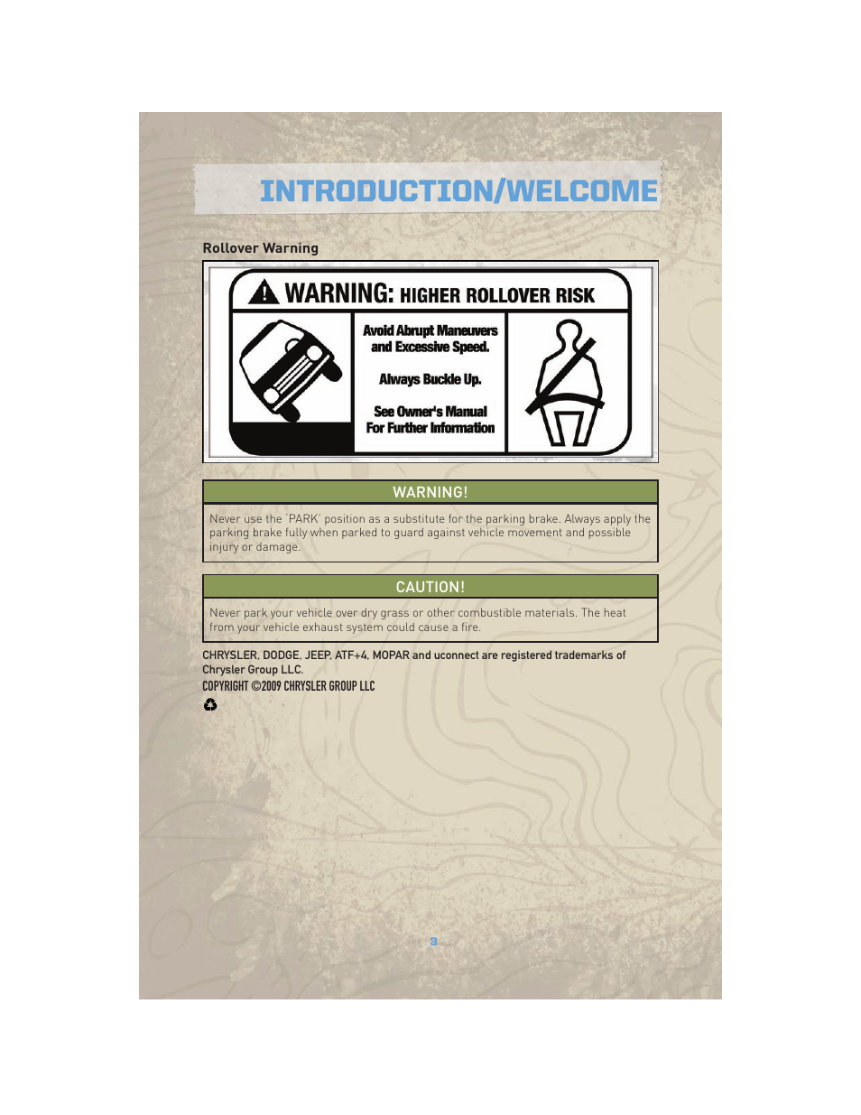 Rollover warning, Introduction/welcome | Jeep COMMANDER 2010 User Manual | Page 5 / 78