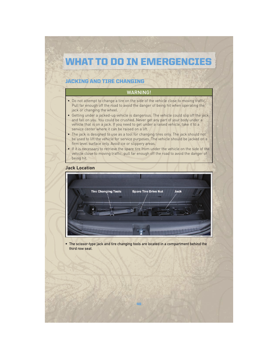 Jacking and tire changing, Jack location, What to do in emergencies | Jeep COMMANDER 2010 User Manual | Page 50 / 78