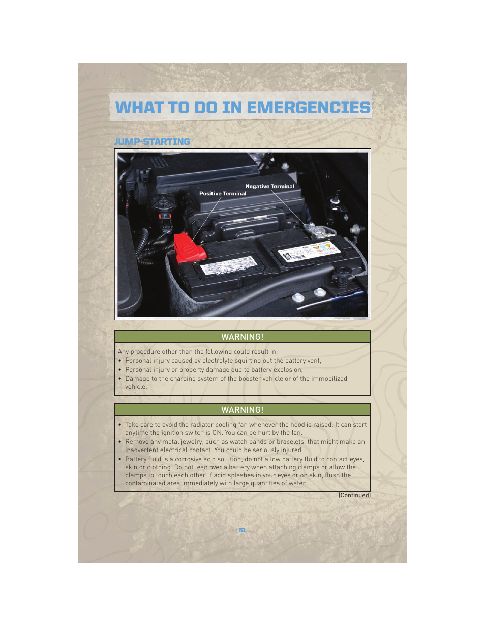 Jump-starting, What to do in emergencies | Jeep COMMANDER 2010 User Manual | Page 53 / 78