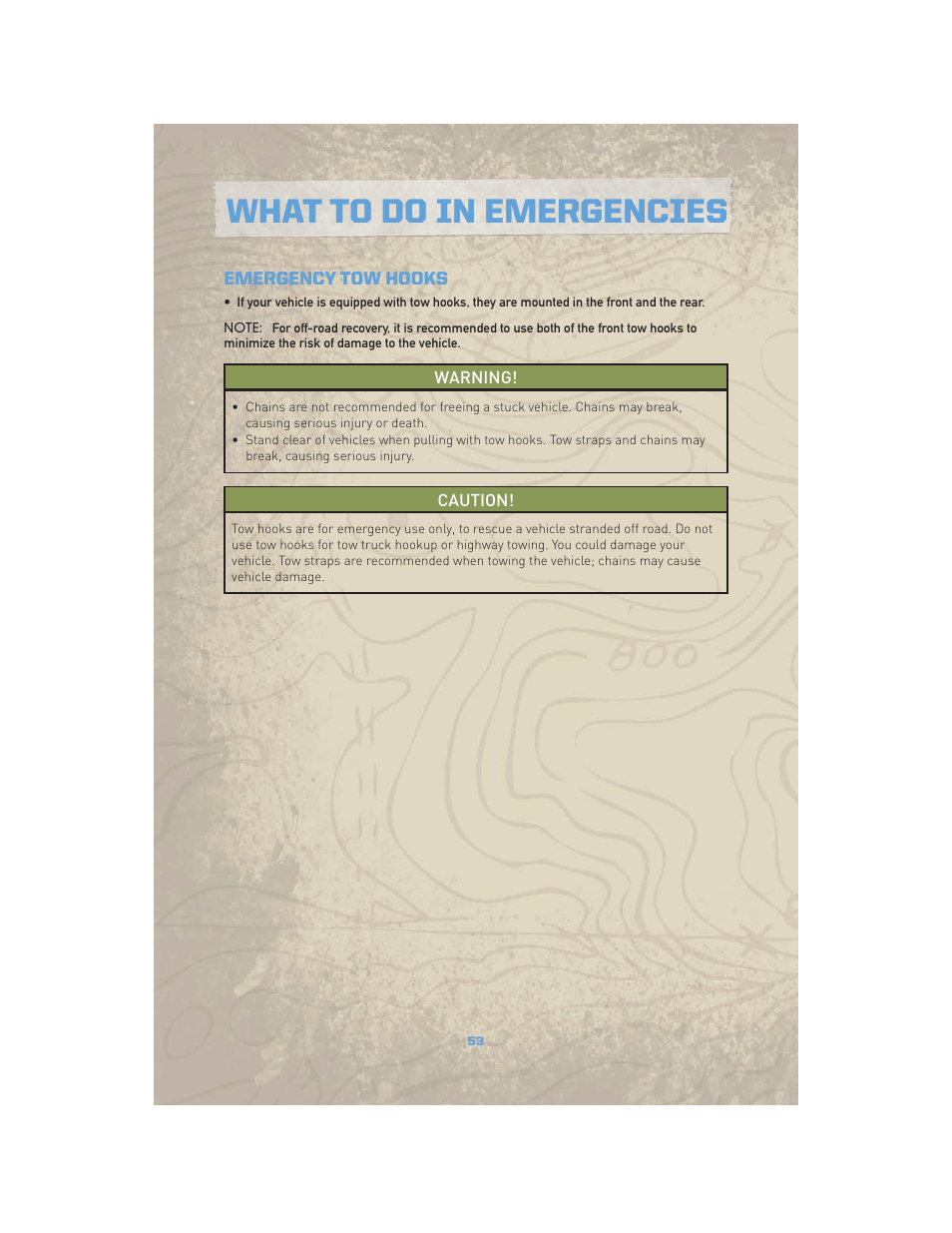 Emergency tow hooks, Towing a disabled vehicle, What to do in emergencies | Jeep COMMANDER 2010 User Manual | Page 55 / 78