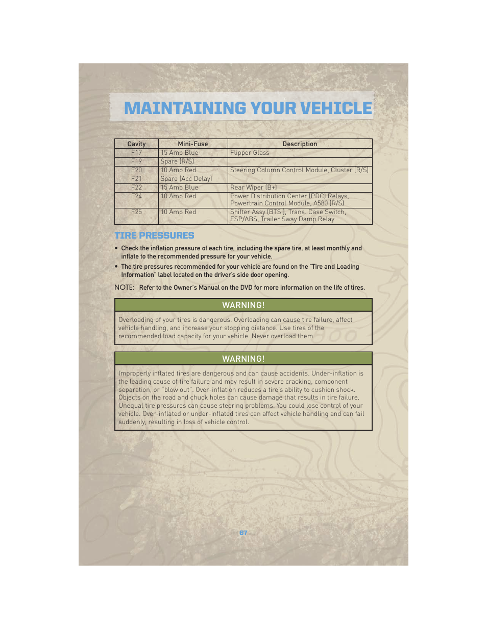 Tire pressures, Maintaining your vehicle | Jeep COMMANDER 2010 User Manual | Page 69 / 78