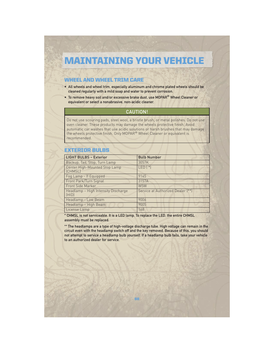 Wheel and wheel trim care, Exterior bulbs, Maintaining your vehicle | Jeep COMMANDER 2010 User Manual | Page 70 / 78