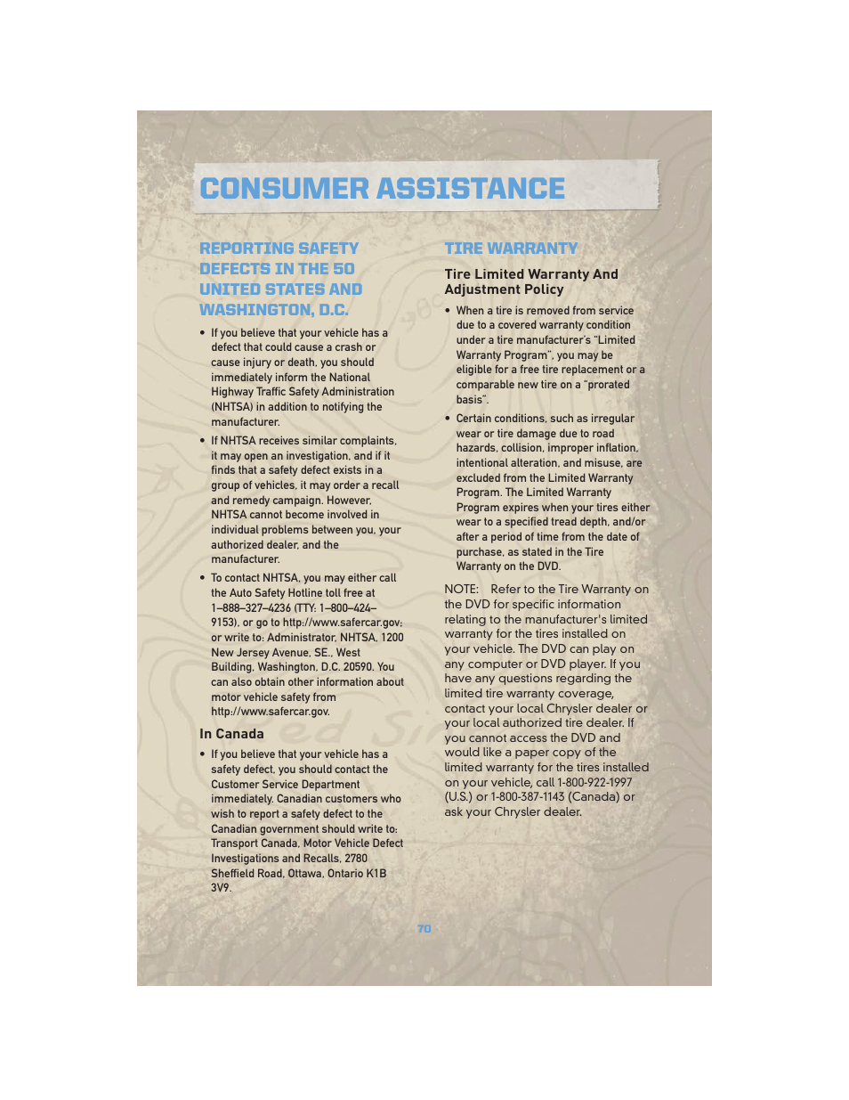 In canada, Tire warranty, Tire limited warranty and adjustment policy | Consumer assistance | Jeep COMMANDER 2010 User Manual | Page 72 / 78