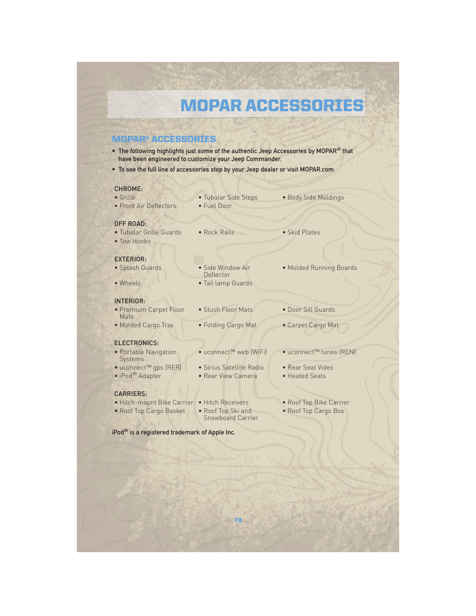 Mopar accessories, Mopar® accessories | Jeep COMMANDER 2010 User Manual | Page 75 / 78