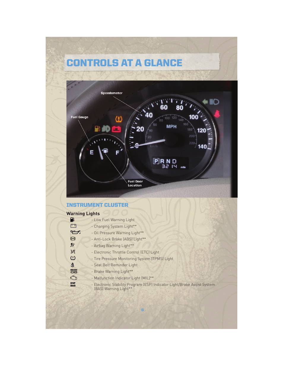 Instrument cluster, Warning lights, Controls at a glance | Jeep COMMANDER 2010 User Manual | Page 8 / 78