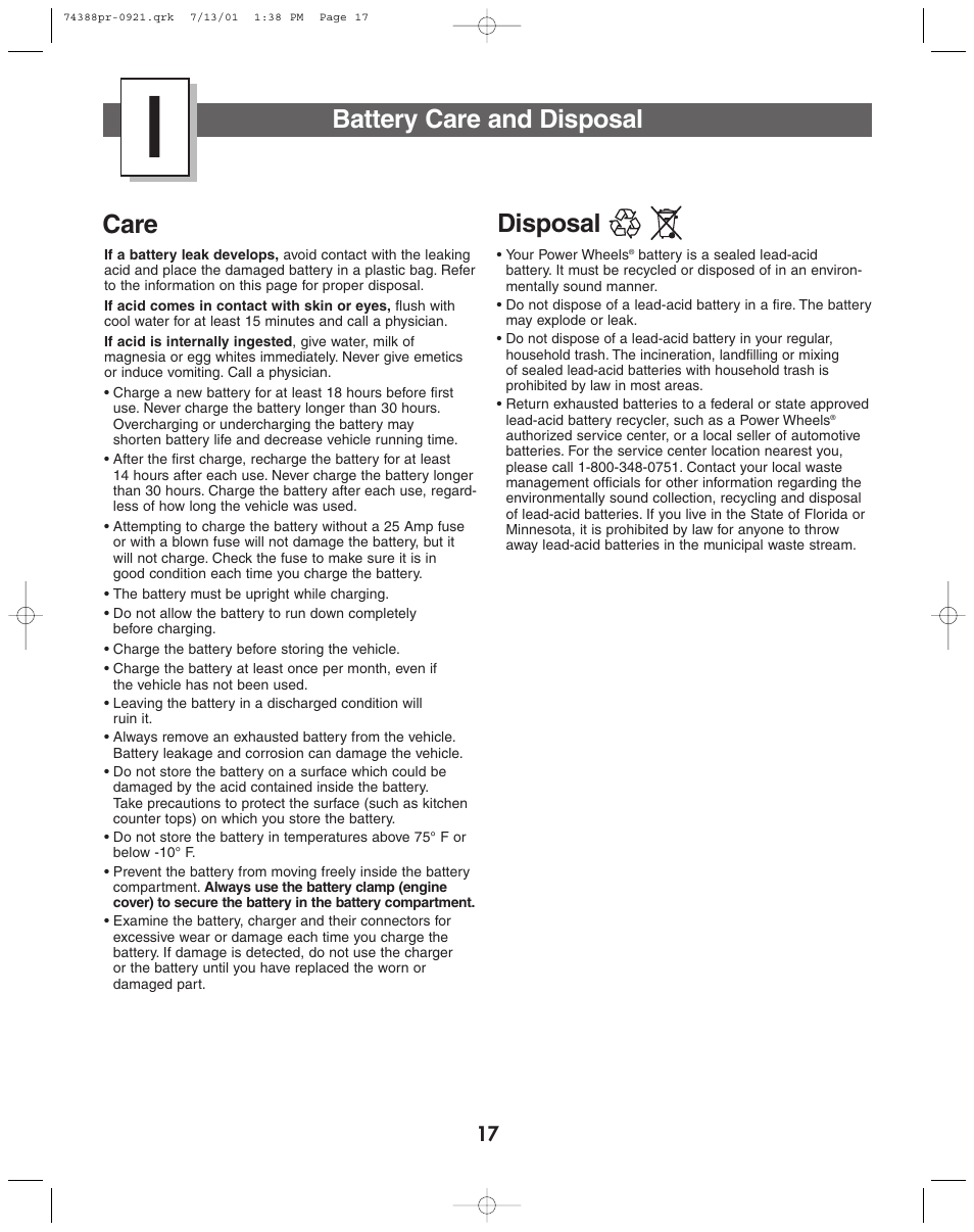 Battery care and disposal, Care, Disposal | Jeep 74383 User Manual | Page 17 / 28