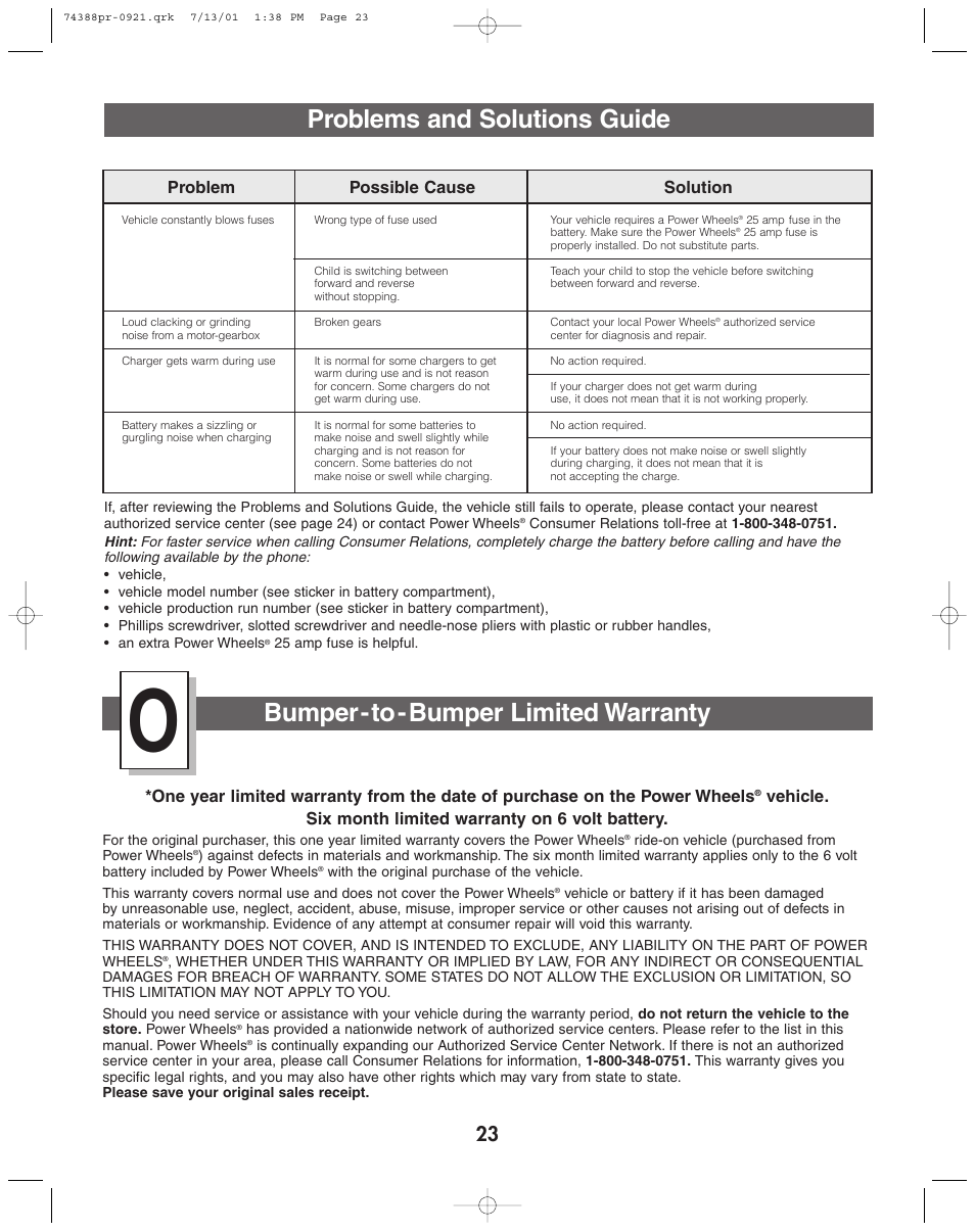 Bumper- to - bumper limited warranty, Problems and solutions guide, Problem possible cause solution | Jeep 74383 User Manual | Page 23 / 28