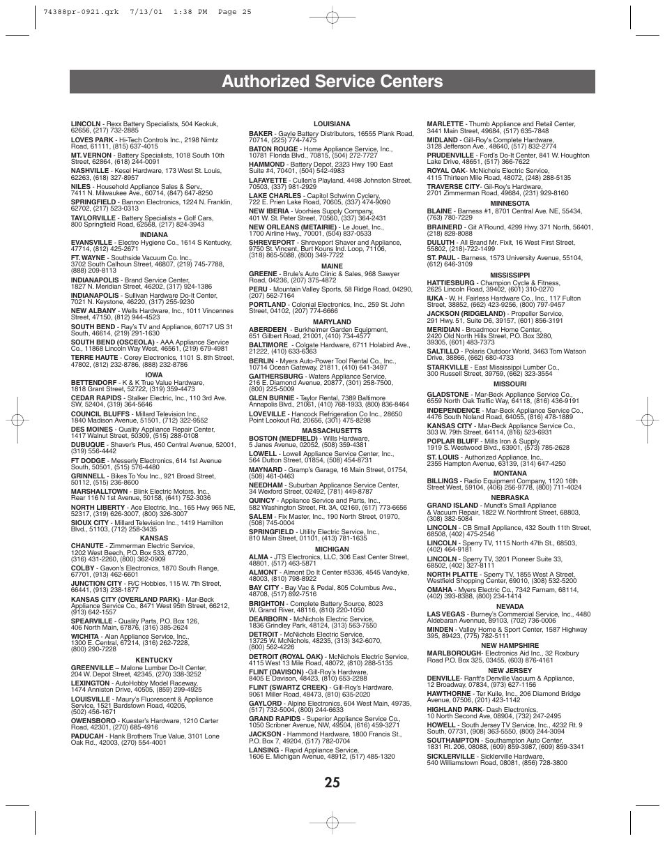 Authorized service centers | Jeep 74383 User Manual | Page 25 / 28