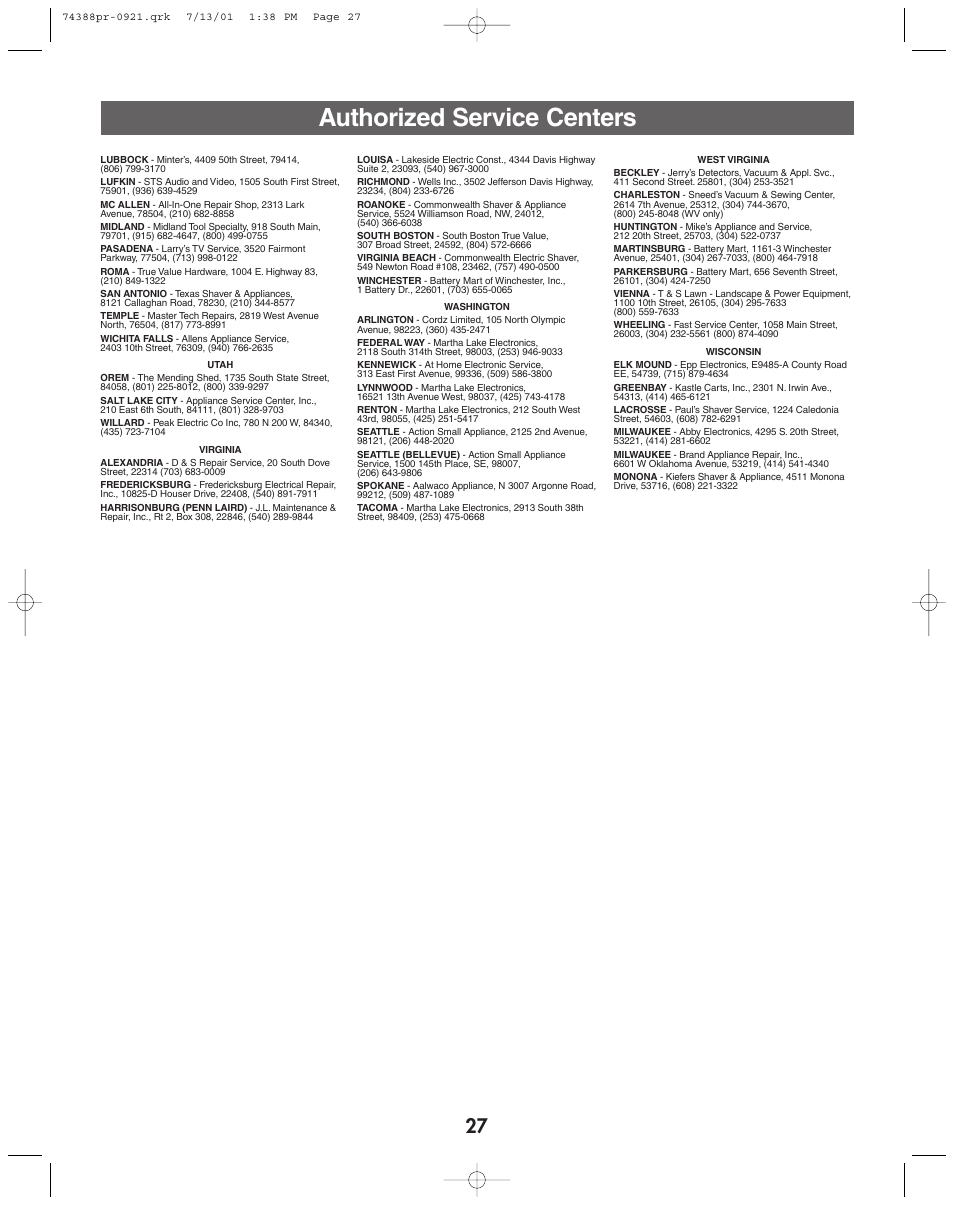 Authorized service centers | Jeep 74383 User Manual | Page 27 / 28