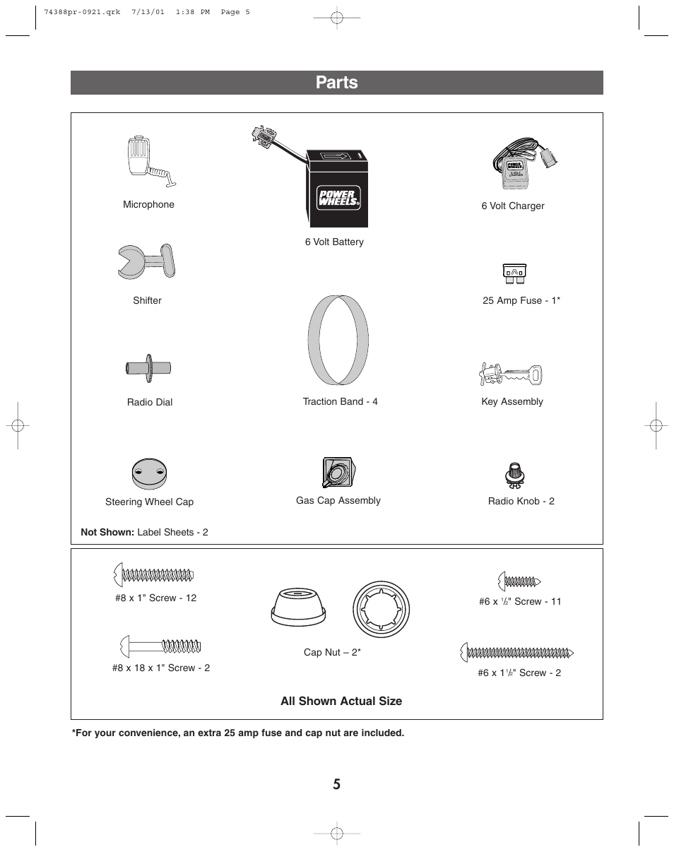 Parts, All shown actual size | Jeep 74383 User Manual | Page 5 / 28