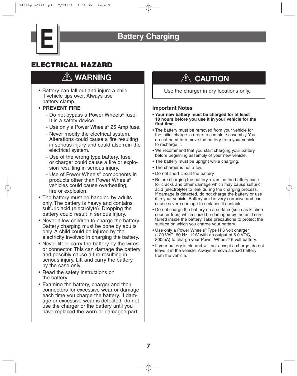 Battery charging, Caution, Warning | Electrical hazard | Jeep 74383 User Manual | Page 7 / 28