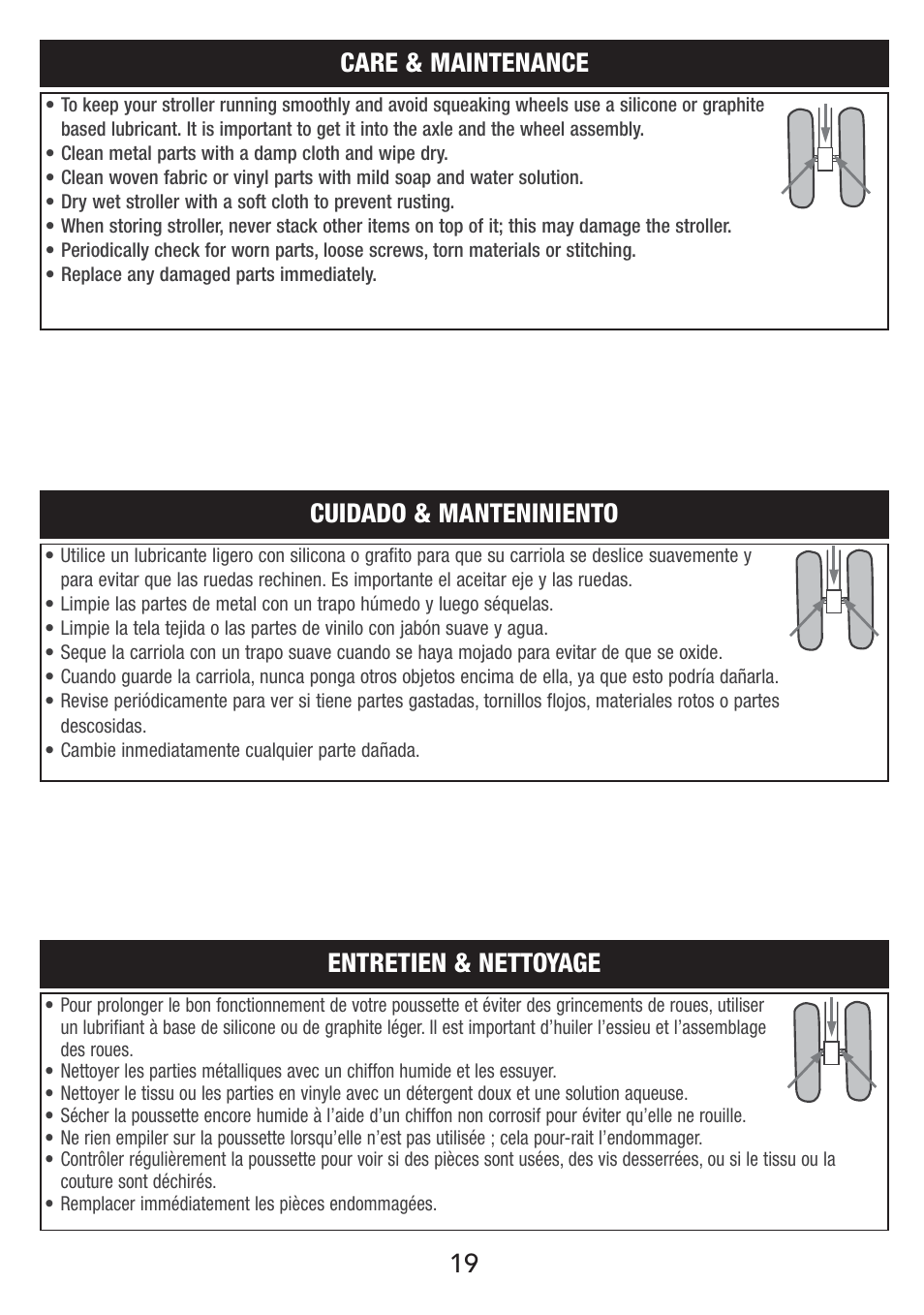 19 entretien & nettoyage, Care & maintenance, Cuidado & manteniniento | Jeep VIL001-R1 User Manual | Page 19 / 24