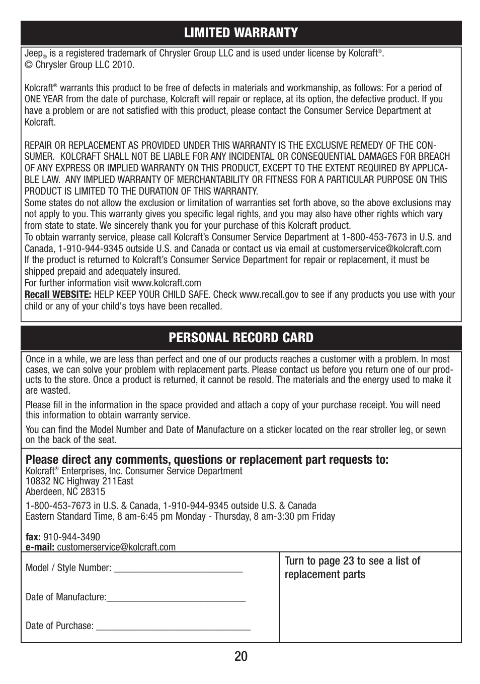 20 personal record card, Limited warranty | Jeep VIL001-R1 User Manual | Page 20 / 24
