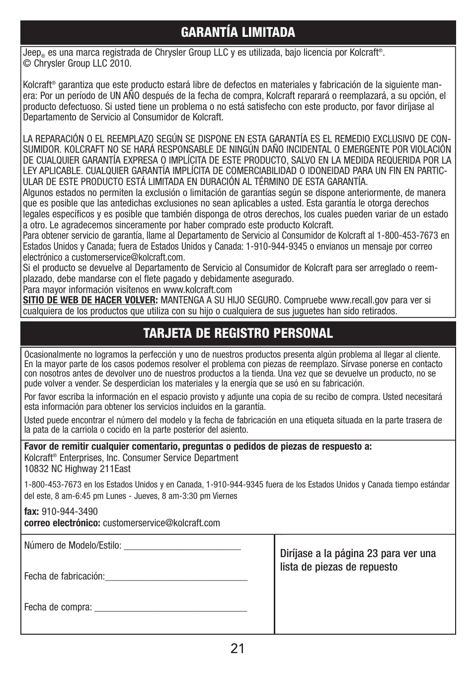 21 tarjeta de registro personal, Garantía limitada | Jeep VIL001-R1 User Manual | Page 21 / 24