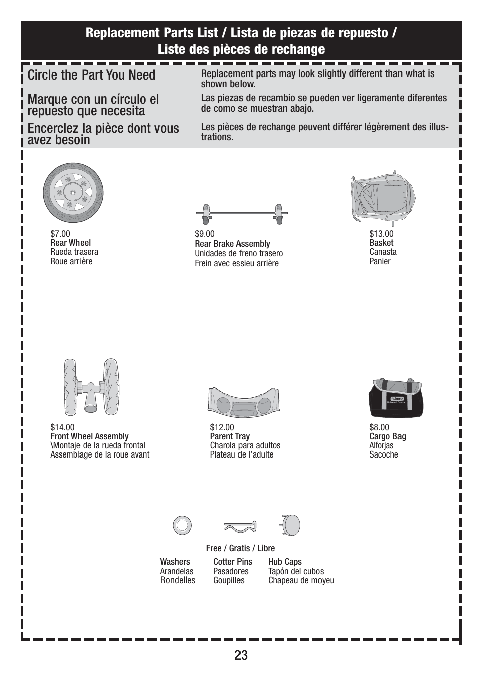 Encerclez la pièce dont vous avez besoin, Marque con un círculo el repuesto que necesita | Jeep VIL001-R1 User Manual | Page 23 / 24