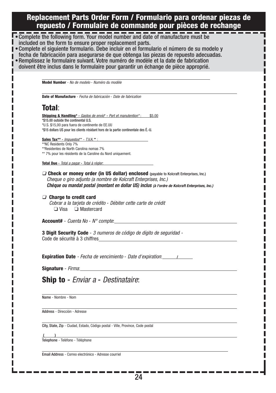 Total, Ship to - enviar a - destinataire | Jeep VIL001-R1 User Manual | Page 24 / 24