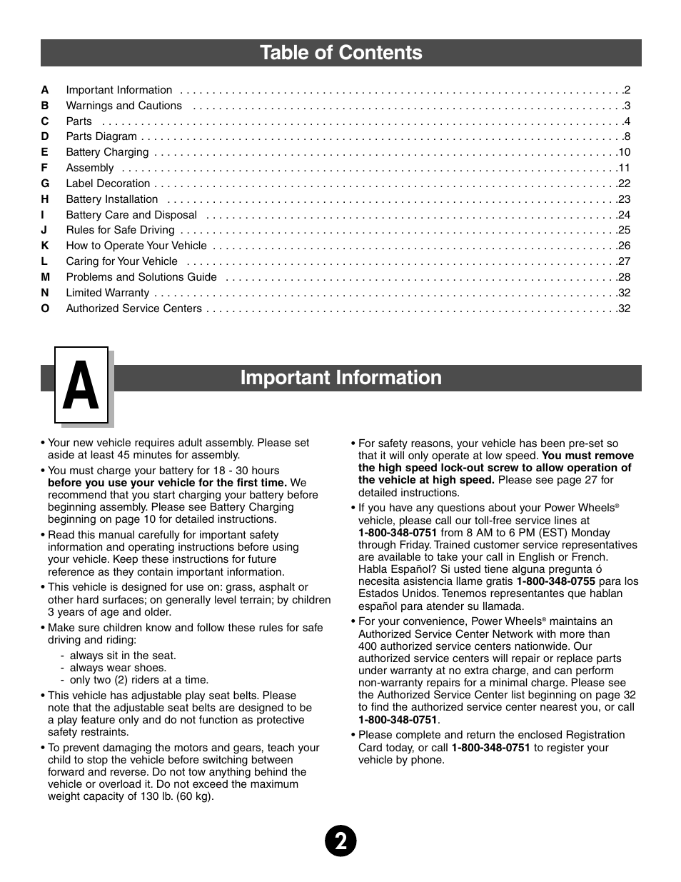 Table of contents important information | Jeep 75598 User Manual | Page 2 / 36