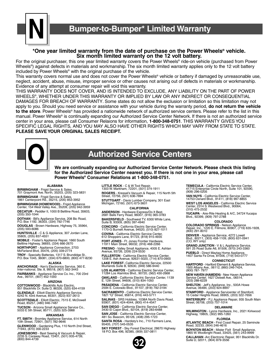 Bumper-to-bumper* limited warranty, Authorized service centers | Jeep 75598 User Manual | Page 32 / 36