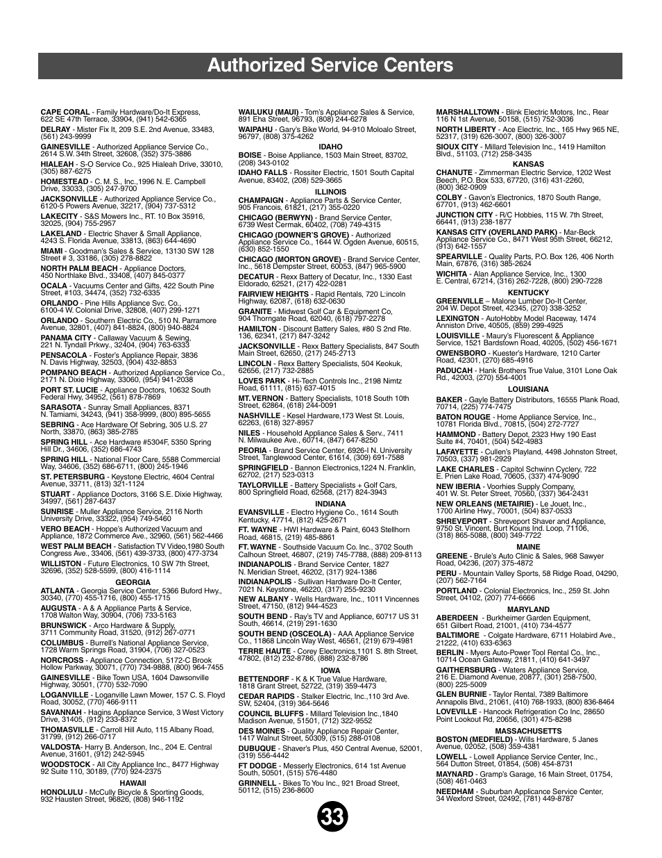 Authorized service centers | Jeep 75598 User Manual | Page 33 / 36