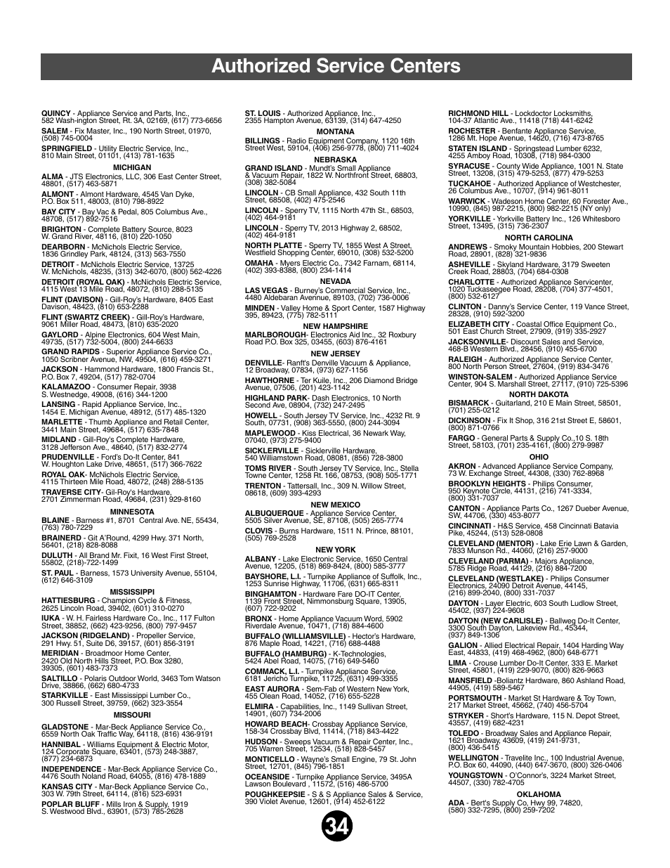 Authorized service centers | Jeep 75598 User Manual | Page 34 / 36