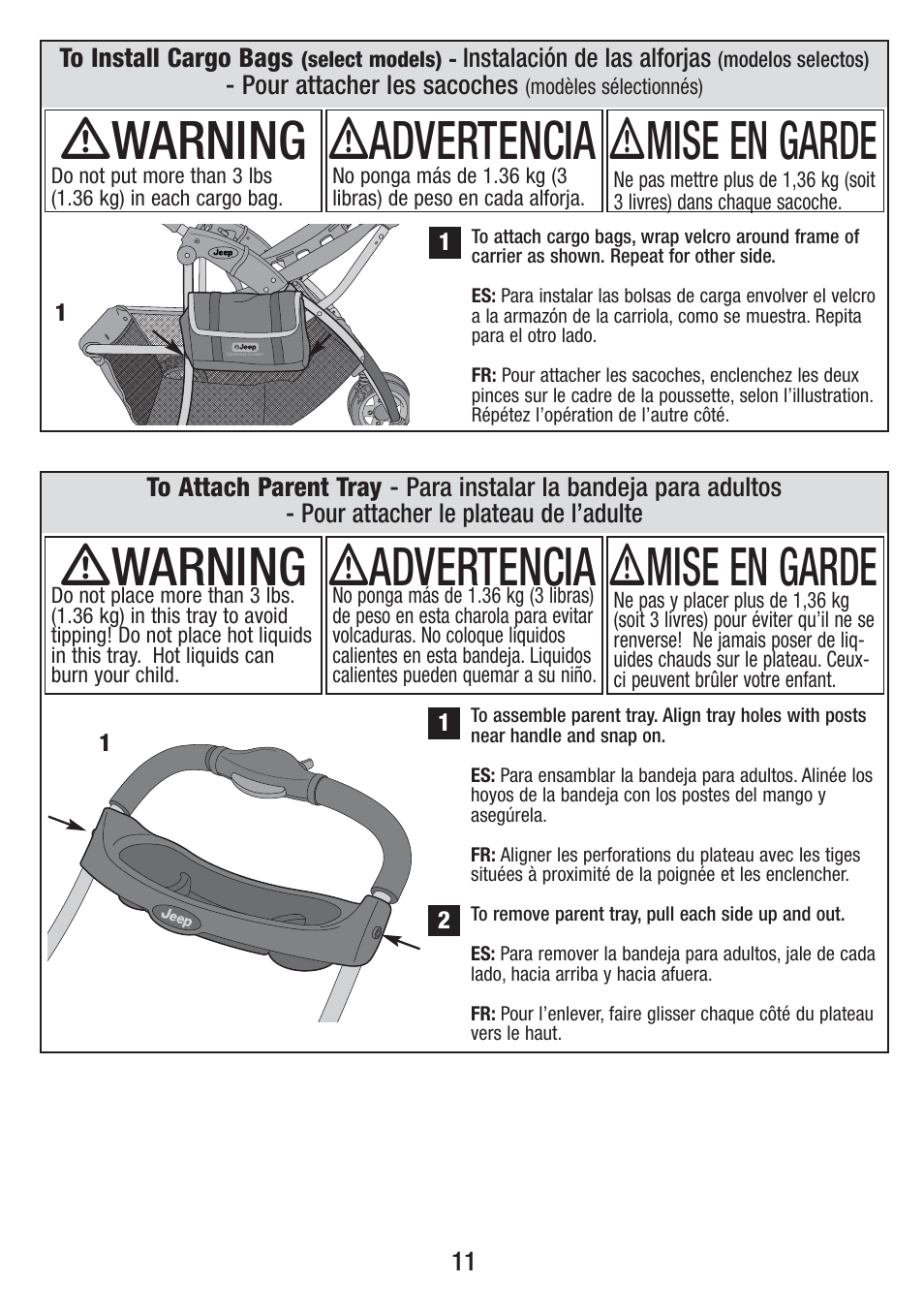 Ƽwarning, Ƽadvertencia, Ƽmise en garde | Jeep UNIVERSAL CRUISER VIL001-R1 User Manual | Page 11 / 24