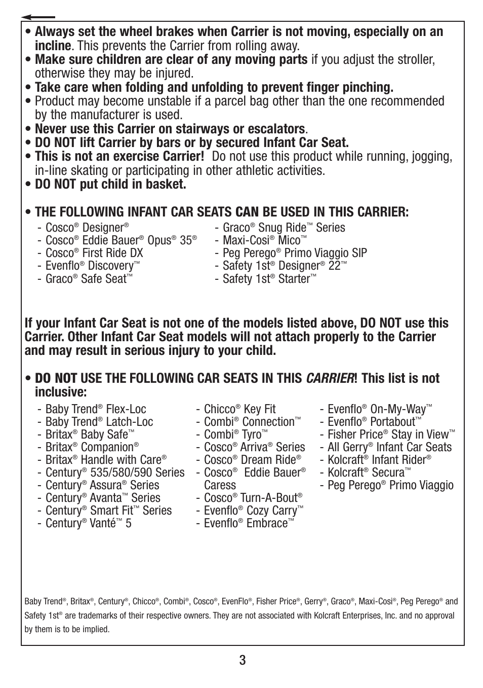 Graco, Snug ride, Series - maxi-cosi | Mico, Peg perego, Primo viaggio sip - safety 1st, Designer, Safety 1st, Starter, Cosco | Jeep UNIVERSAL CRUISER VIL001-R1 User Manual | Page 3 / 24