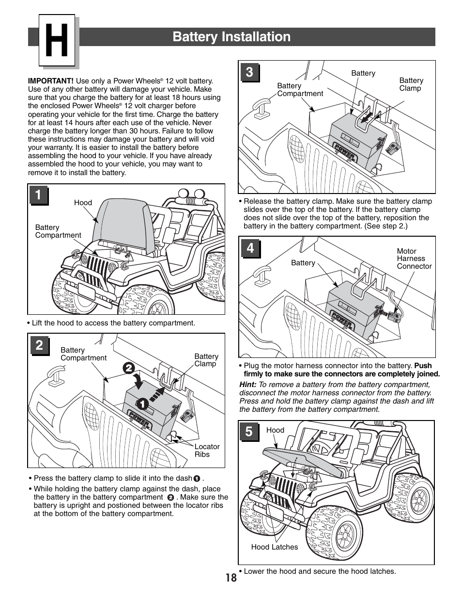 Battery installation | Jeep WRANGLER B7659 User Manual | Page 18 / 28