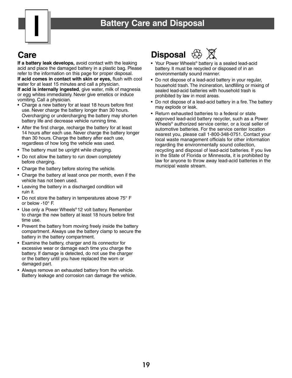 Battery care and disposal, Care disposal | Jeep WRANGLER B7659 User Manual | Page 19 / 28