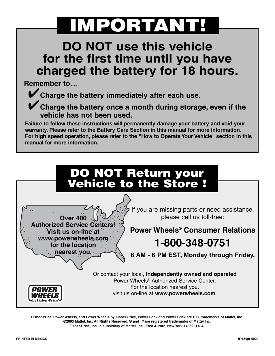 Important, Do not return your vehicle to the store | Jeep WRANGLER B7659 User Manual | Page 28 / 28