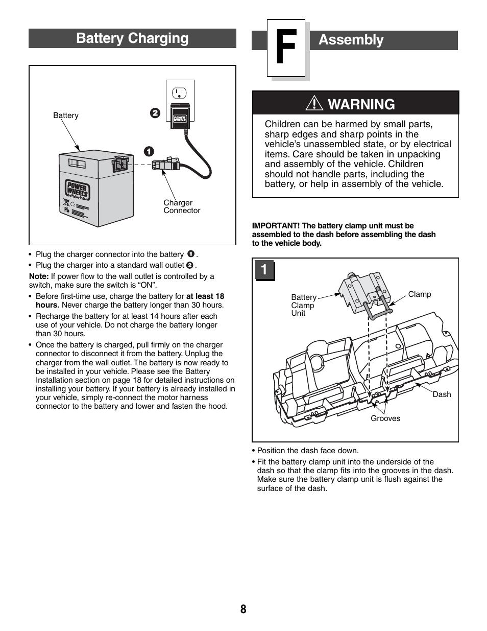 Warning, Battery charging, Assembly | Jeep WRANGLER B7659 User Manual | Page 8 / 28