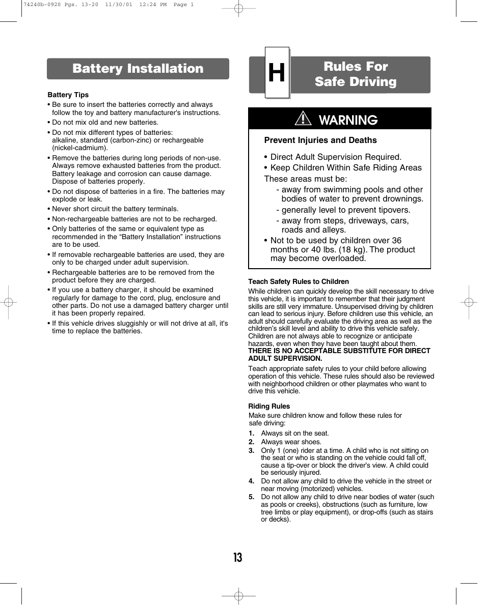 Warning, Battery installation, Rules for safe driving | Jeep 74240 User Manual | Page 13 / 20