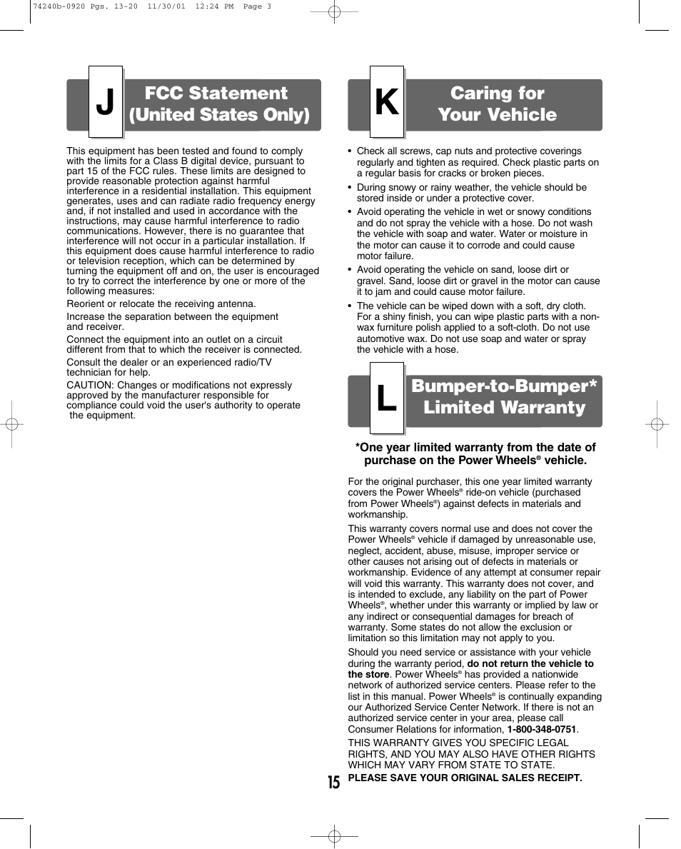 Caring for your vehicle, Fcc statement (united states only), Bumper-to-bumper* limited warranty | Jeep 74240 User Manual | Page 15 / 20