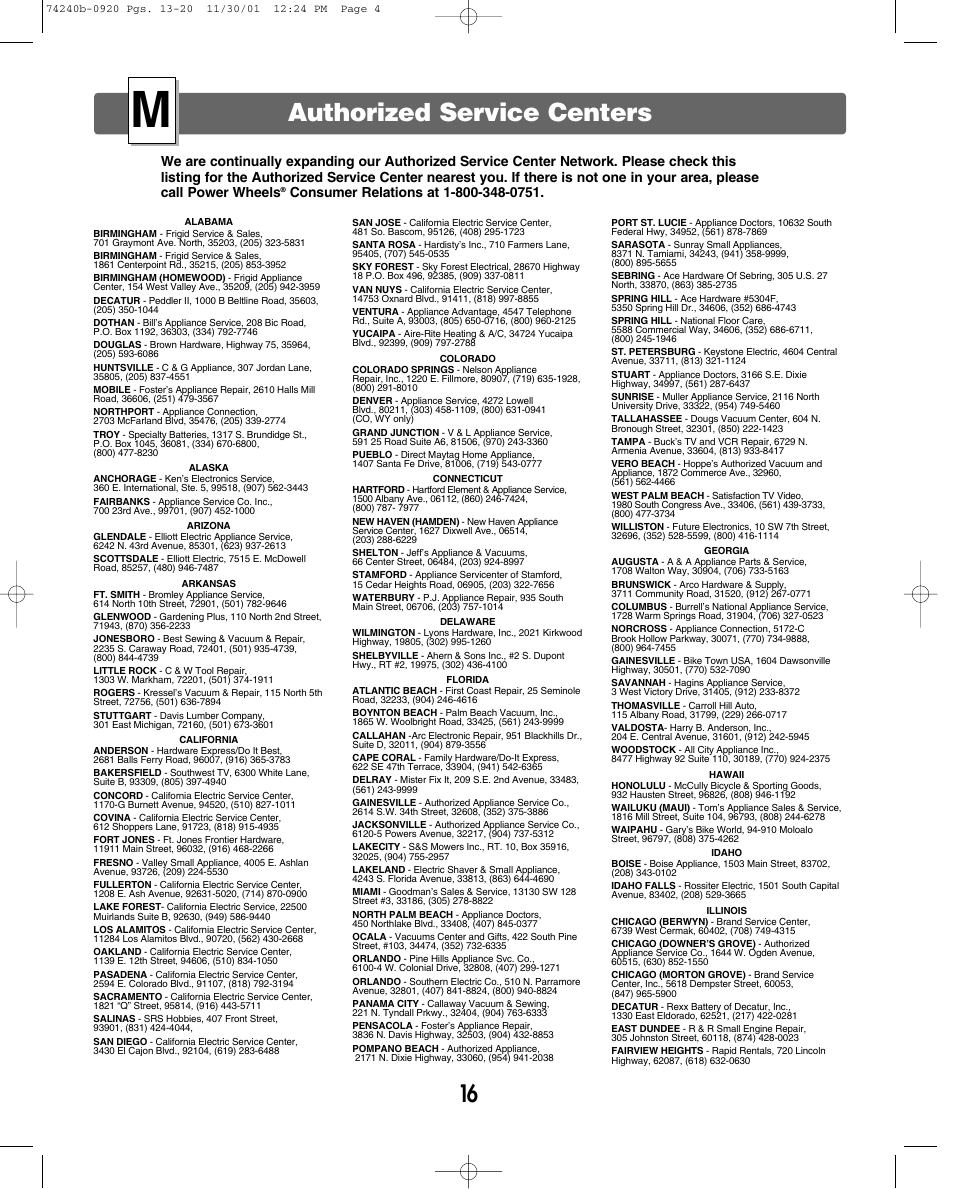 Authorized service centers | Jeep 74240 User Manual | Page 16 / 20