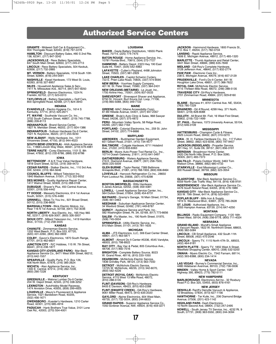 Authorized service centers | Jeep 74240 User Manual | Page 17 / 20
